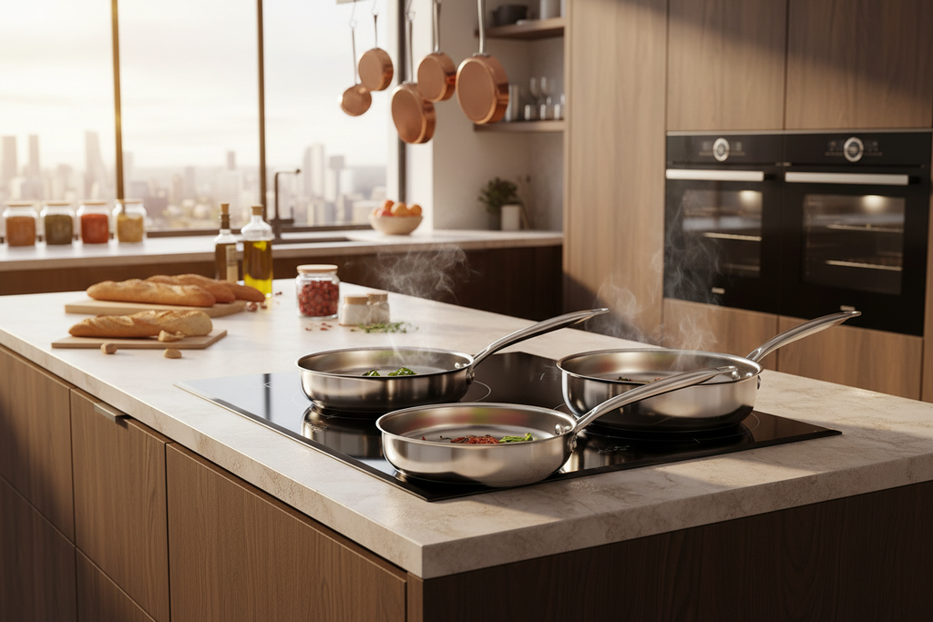 cuisine avec lot de 3 poeles en inox