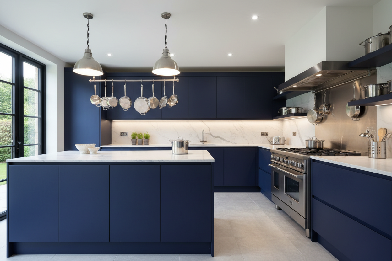 cuisine en bleu nuit 0F1C2E avec des poeles en inox