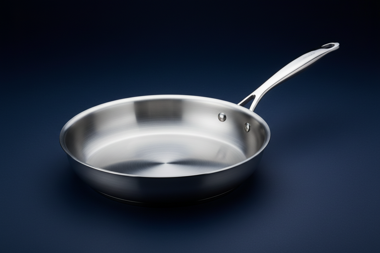 photo d'une poele en inox qui s'associe bien avec ma boutique bleu nuit